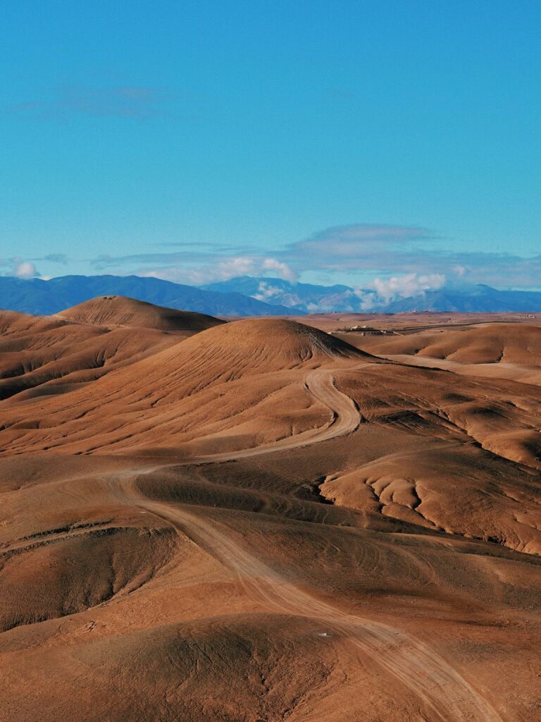 Agafay Desert landscape with mountains in Morocco